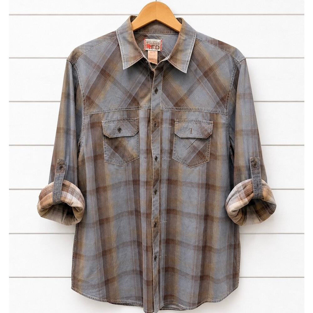 Vintage Red Plaid Button Down Mens XL Blue Brown Excellent Roll Tab Distressed